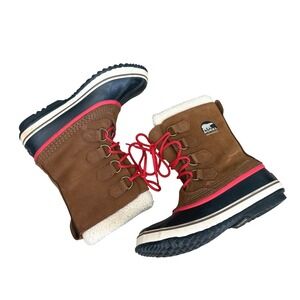 Sorel Caribou Waterproof Winter Boots Tan Suede Red Laces Women Size 8 Excellent